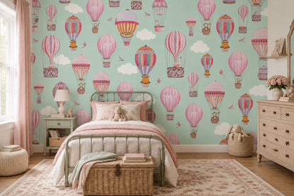 Hot Air Balloon Animals Wallpaper Watercolor Sky Wall Mural