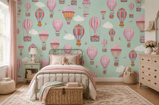 Hot Air Balloon Animals Wallpaper Watercolor Sky Wall Mural
