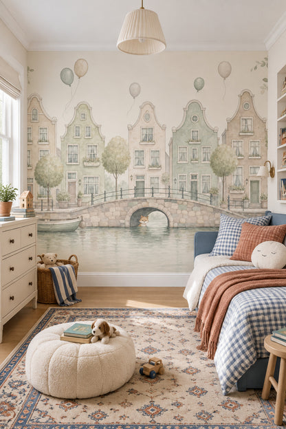 Watercolor Canal Cityscape Wallpaper Storybook Dutch Houses Wall Mural