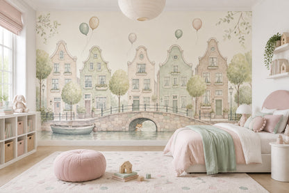 Watercolor Canal Cityscape Wallpaper Storybook Dutch Houses Wall Mural