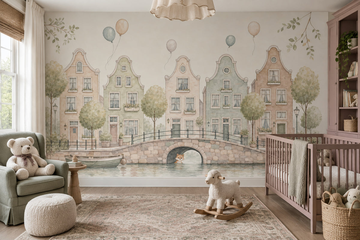 Watercolor Canal Cityscape Wallpaper Storybook Dutch Houses Wall Mural