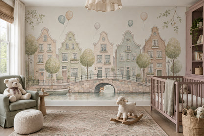 Watercolor Canal Cityscape Wallpaper Storybook Dutch Houses Wall Mural
