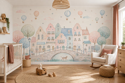 Watercolor Village Wallpaper Pastel Canal Town Wall Mural