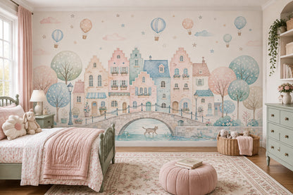 Watercolor Village Wallpaper Pastel Canal Town Wall Mural