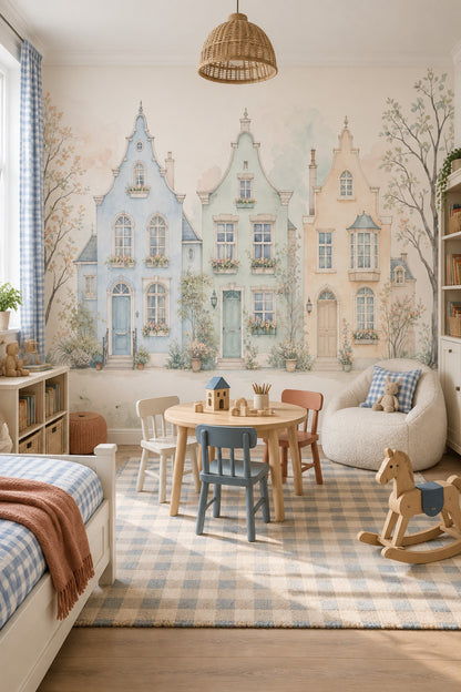 Watercolor European Townhouses Wallpaper Pastel Streetscape Wall Mural