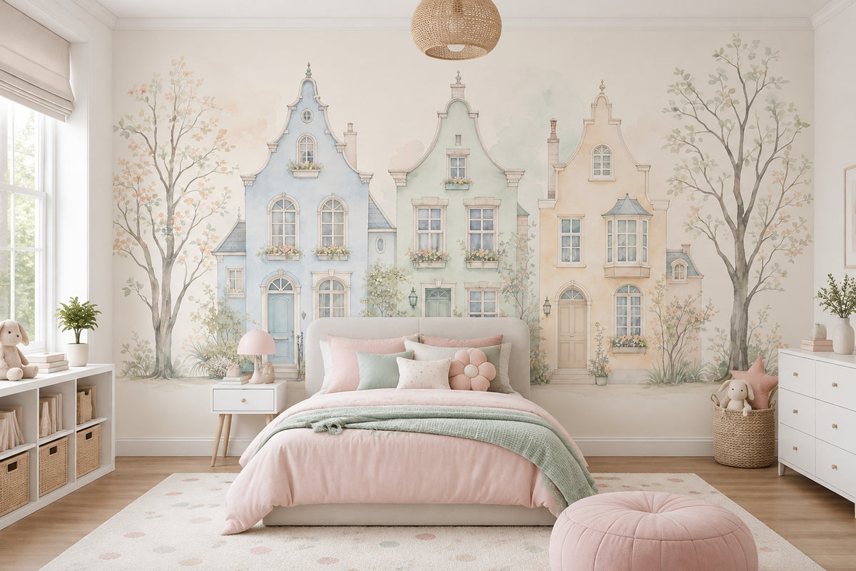 Watercolor European Townhouses Wallpaper Pastel Streetscape Wall Mural
