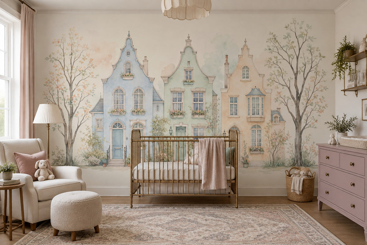 Watercolor European Townhouses Wallpaper Pastel Streetscape Wall Mural