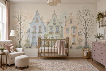 Watercolor European Townhouses Wallpaper Pastel Streetscape Wall Mural