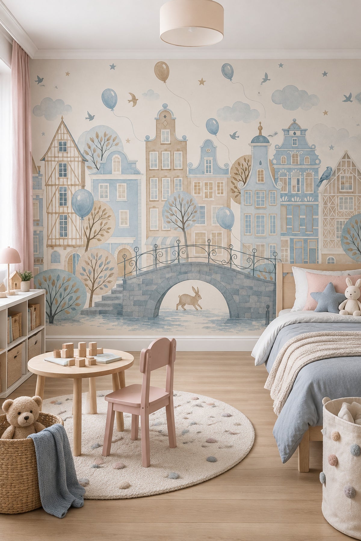 Watercolor Cityscape Wallpaper Pastel European Village Wall Mural
