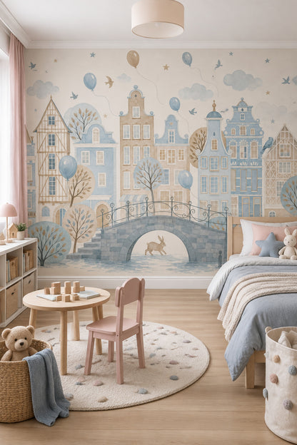Watercolor Cityscape Wallpaper Pastel European Village Wall Mural