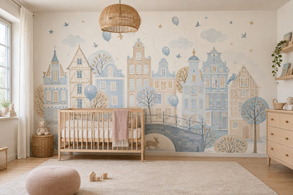 Watercolor Cityscape Wallpaper Pastel European Village Wall Mural