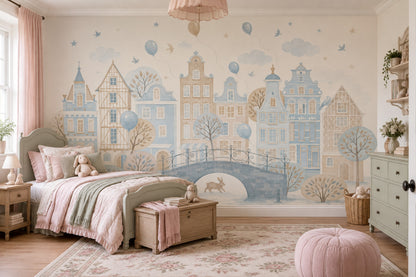 Watercolor Cityscape Wallpaper Pastel European Village Wall Mural