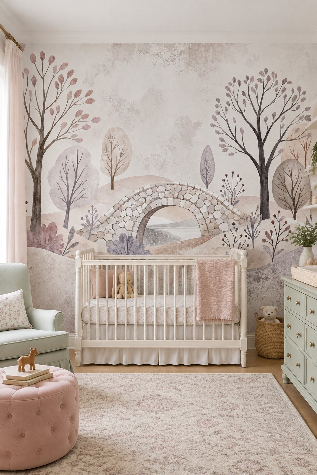 Botanical Landscape Wallpaper Stone Bridge Pastel Wall Mural