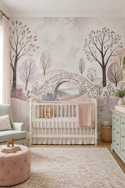 Botanical Landscape Wallpaper Stone Bridge Pastel Wall Mural