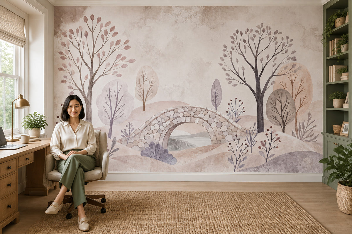 Botanical Landscape Wallpaper Stone Bridge Pastel Wall Mural