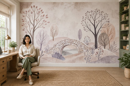 Botanical Landscape Wallpaper Stone Bridge Pastel Wall Mural