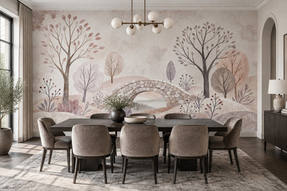 Botanical Landscape Wallpaper Stone Bridge Pastel Wall Mural