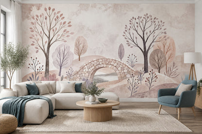 Botanical Landscape Wallpaper Stone Bridge Pastel Wall Mural