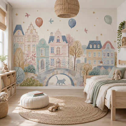 Watercolor Townscape Wallpaper Pastel European Village Wall Mural