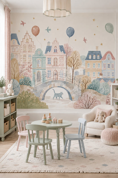 Watercolor Townscape Wallpaper Pastel European Village Wall Mural
