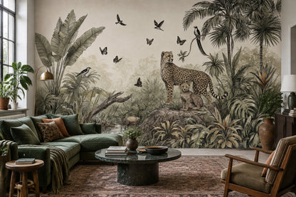 Cheetah And Cub Wallpaper Muted Green Jungle Wall Mural