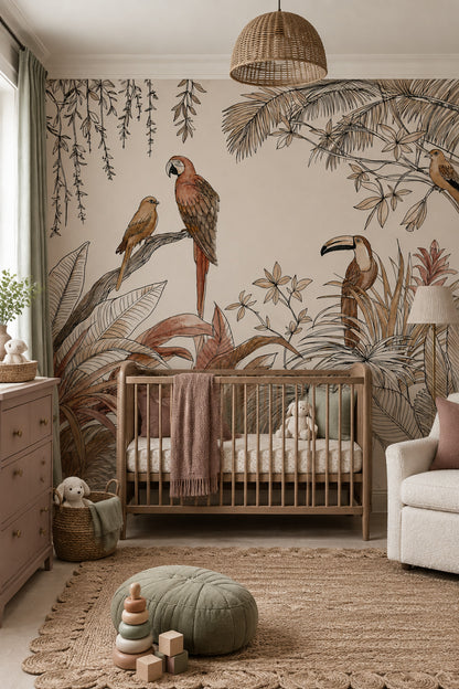 Tropical Birds Wallpaper Cream Botanical Wall Mural