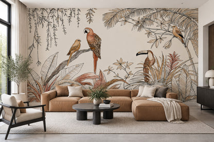 Tropical Birds Wallpaper Cream Botanical Wall Mural