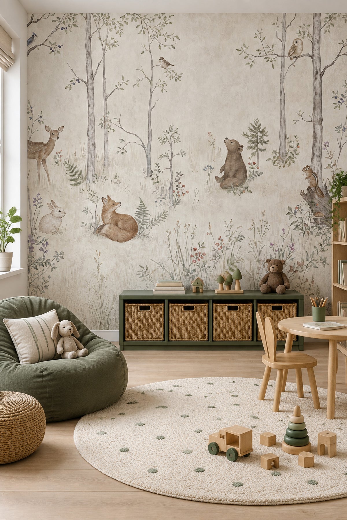 Woodland Animals Wallpaper Muted Green Forest Wall Mural