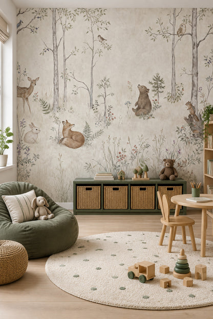 Woodland Animals Wallpaper Muted Green Forest Wall Mural