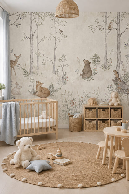 Woodland Animals Wallpaper Muted Green Forest Wall Mural