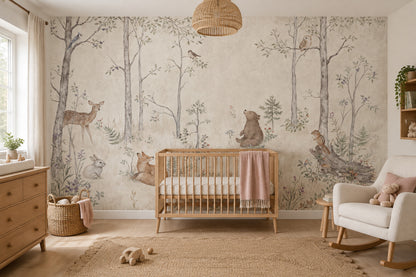 Woodland Animals Wallpaper Muted Green Forest Wall Mural