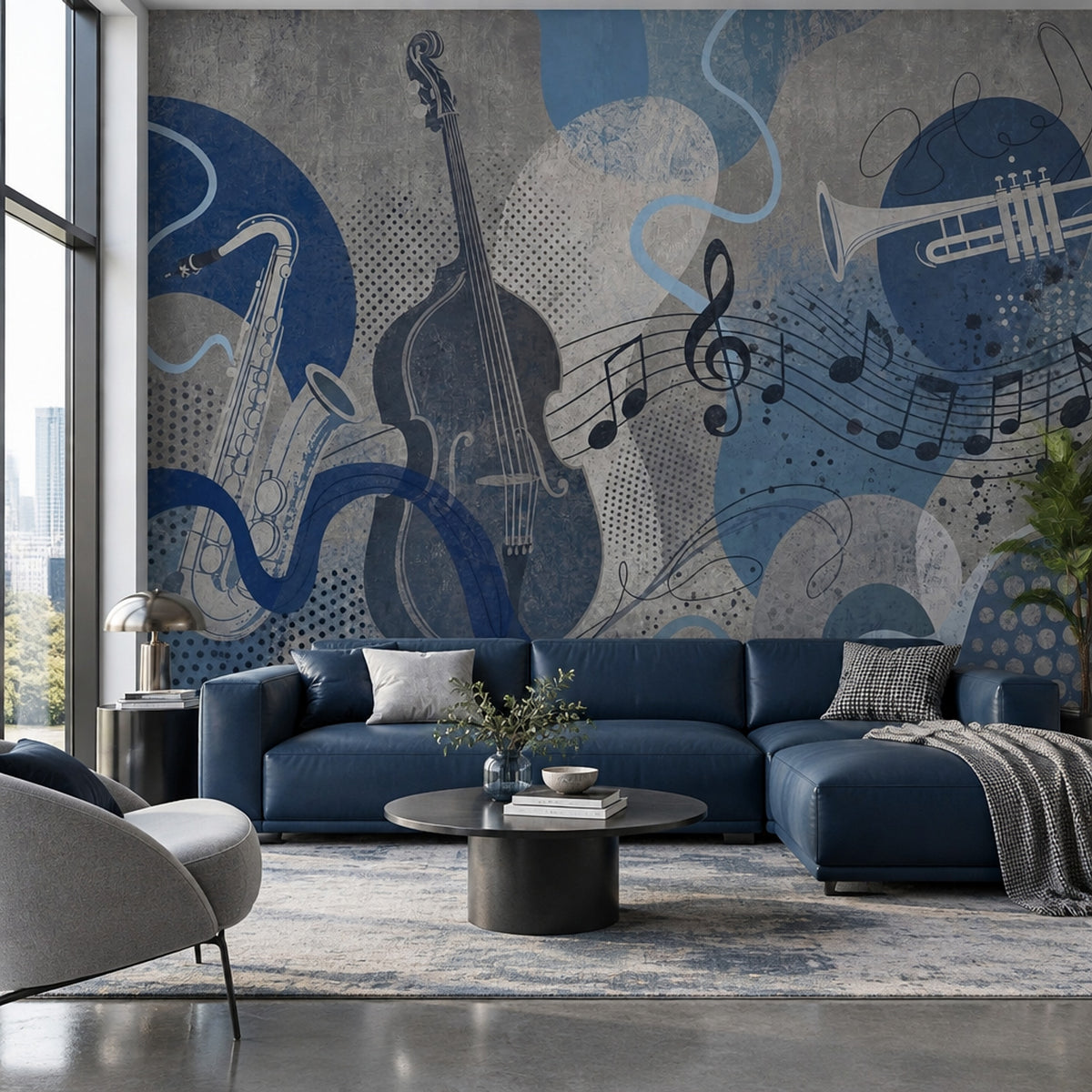 Jazz Instruments Wallpaper Blue Grunge Wall Mural