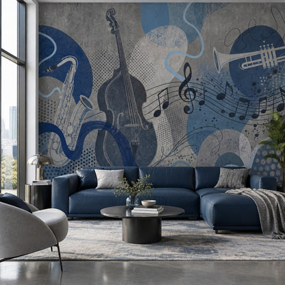 Jazz Instruments Wallpaper Blue Grunge Wall Mural