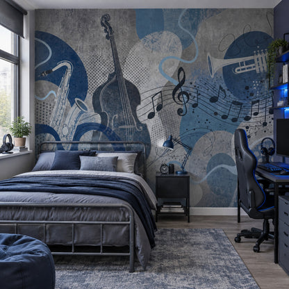 Jazz Instruments Wallpaper Blue Grunge Wall Mural