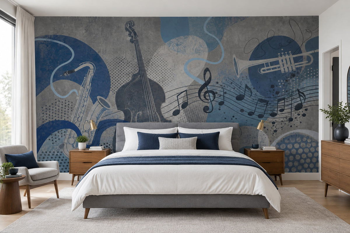 Jazz Instruments Wallpaper Blue Grunge Wall Mural