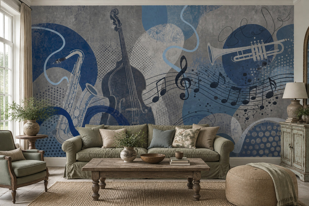 Jazz Instruments Wallpaper Blue Grunge Wall Mural