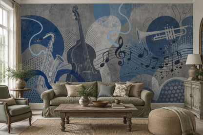Jazz Instruments Wallpaper Blue Grunge Wall Mural