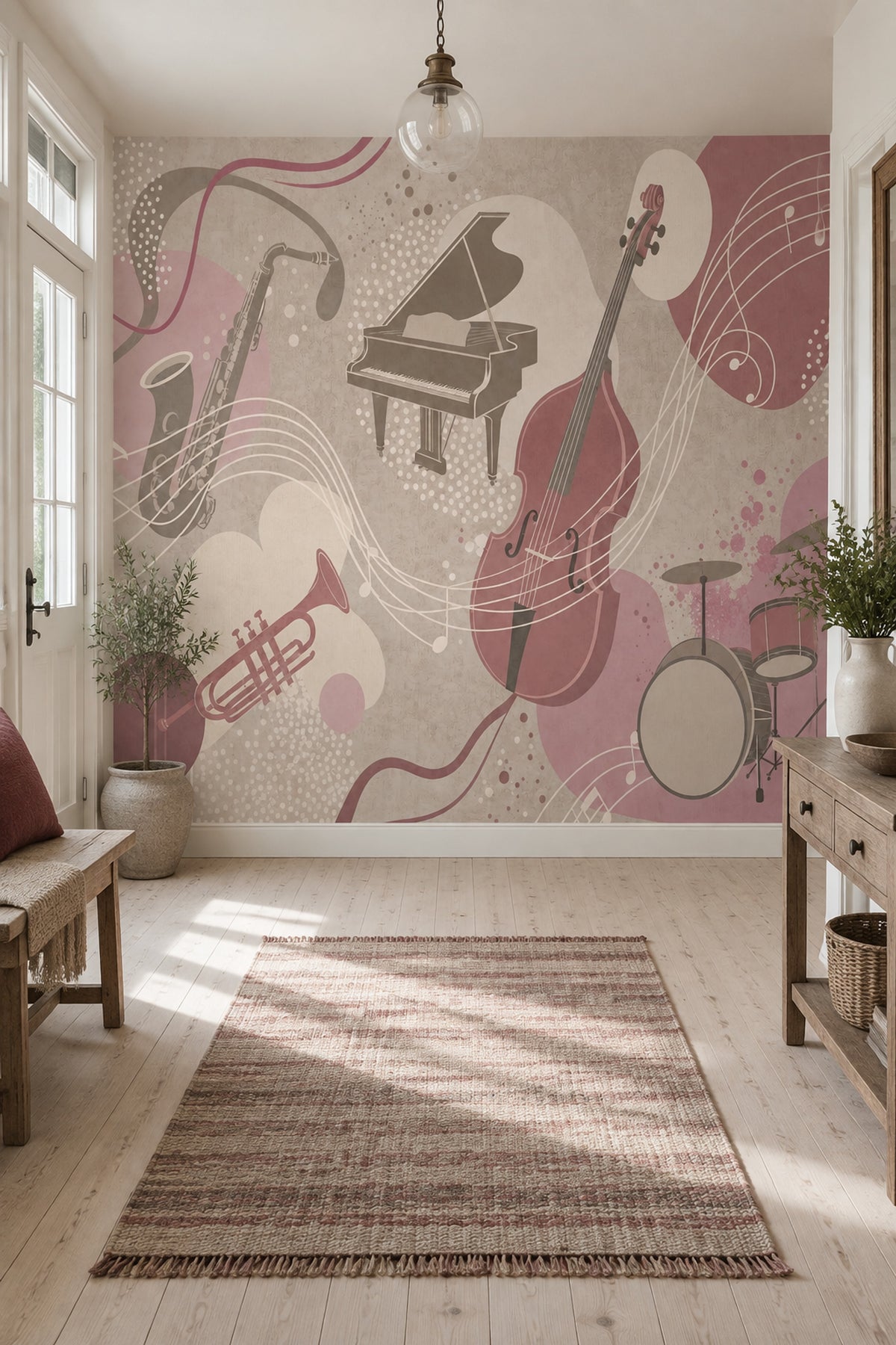 Jazz Instruments Wallpaper Dusty Pink Wall Mural