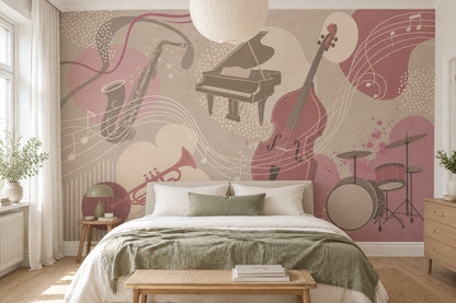 Jazz Instruments Wallpaper Dusty Pink Wall Mural