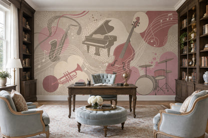 Jazz Instruments Wallpaper Dusty Pink Wall Mural