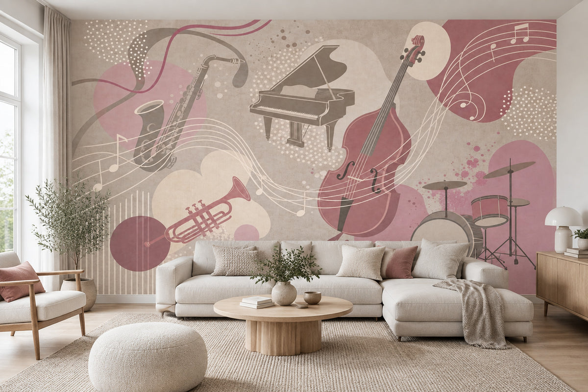 Jazz Instruments Wallpaper Dusty Pink Wall Mural