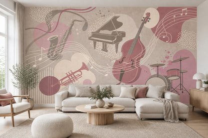 Jazz Instruments Wallpaper Dusty Pink Wall Mural