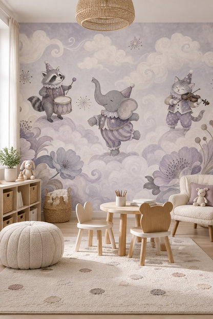 Whimsical Circus Animals Wallpaper Pastel Storybook Wall Mural