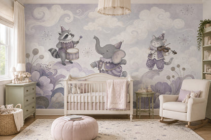Whimsical Circus Animals Wallpaper Pastel Storybook Wall Mural