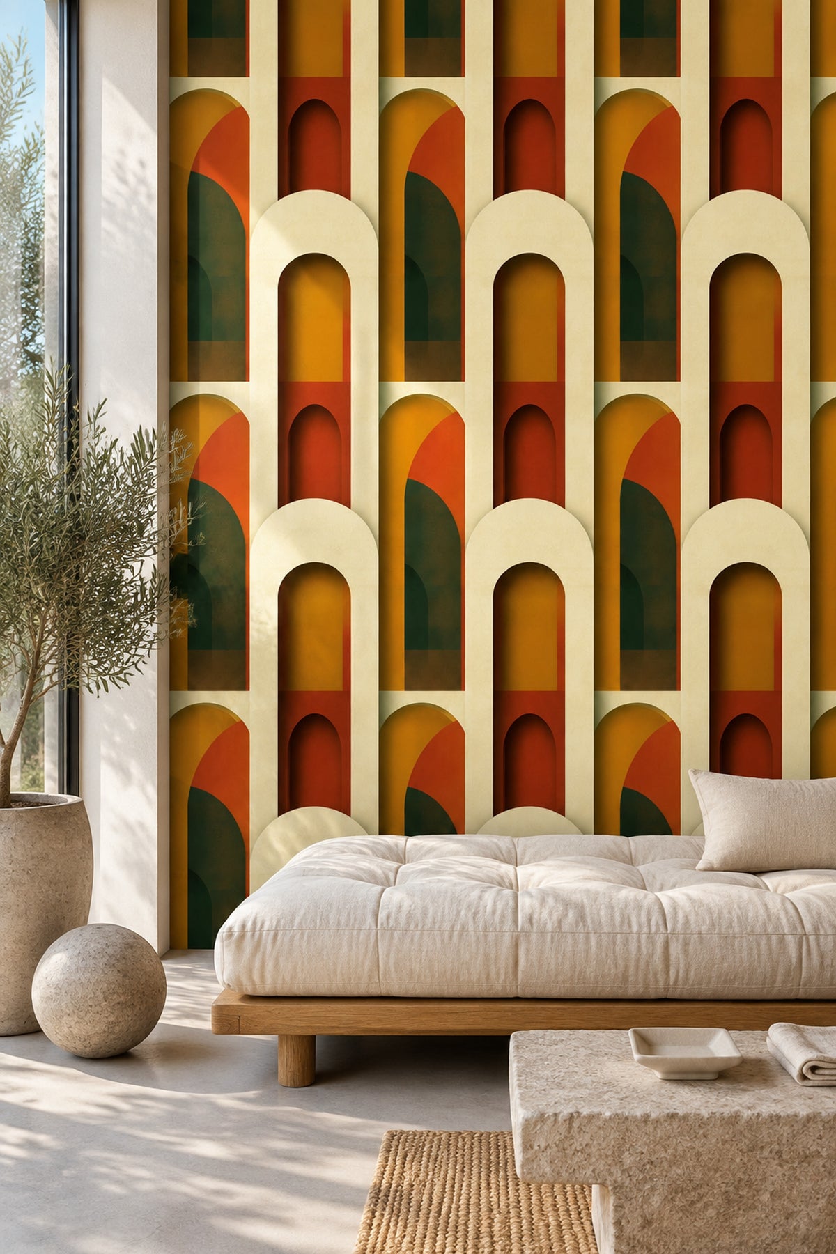 Abstract Arches Wallpaper Terracotta Ochre Dark Green