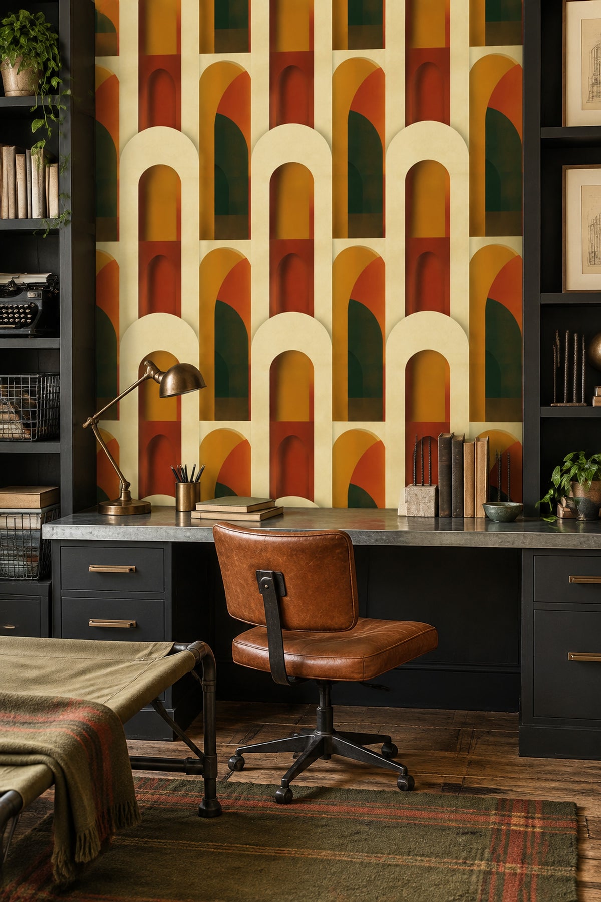 Abstract Arches Wallpaper Terracotta Ochre Dark Green