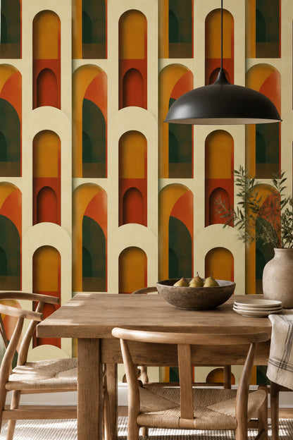 Abstract Arches Wallpaper Terracotta Ochre Dark Green
