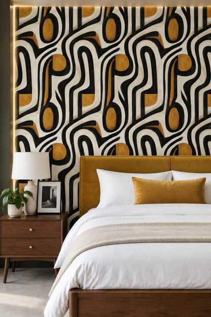 Abstract Line And Ochre Shapes Wallpaper Mid Century Modern