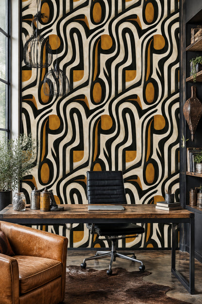 Abstract Line And Ochre Shapes Wallpaper Mid Century Modern