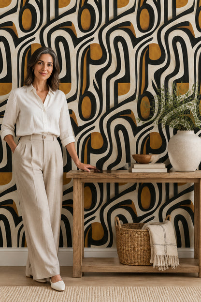 Abstract Line And Ochre Shapes Wallpaper Mid Century Modern